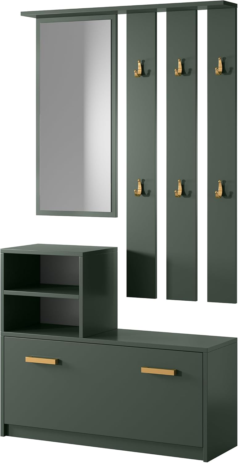 Meuble d'entrée/Vestiaire YESFIR - 85 cm - Vert Bouteille - Meuble à Chaussures - portemanteau - Miroir