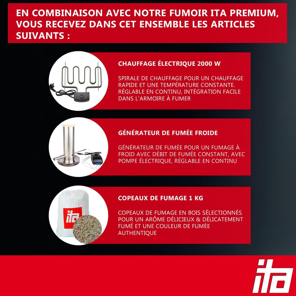 ITA Fumoir Électrique 7012 - Set Smoker avec Chauffage, générateur de fumée - Armoire avec fenêtre & cheminée - Acier allié - Qualité UE, Direct Fabricant - 81 cm avec 3 Niveaux
