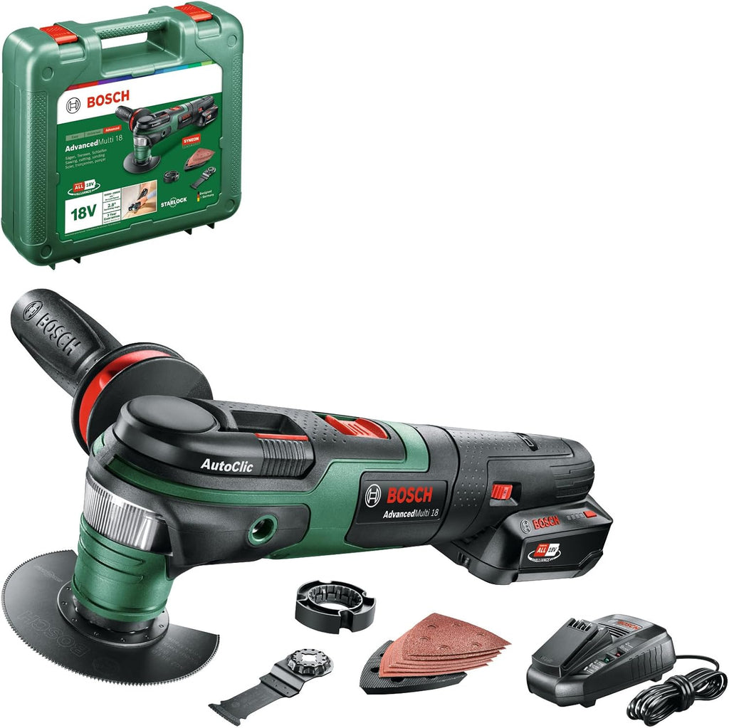 Bosch outil multifonctions sans fil AdvancedMulti 18 (Batterie, chargeur, plateau de ponçage triangulaire, feuilles abrasives, 2 lames de scie, poignée supplémentaire, coffret, système 18V, 2,5 Ah)