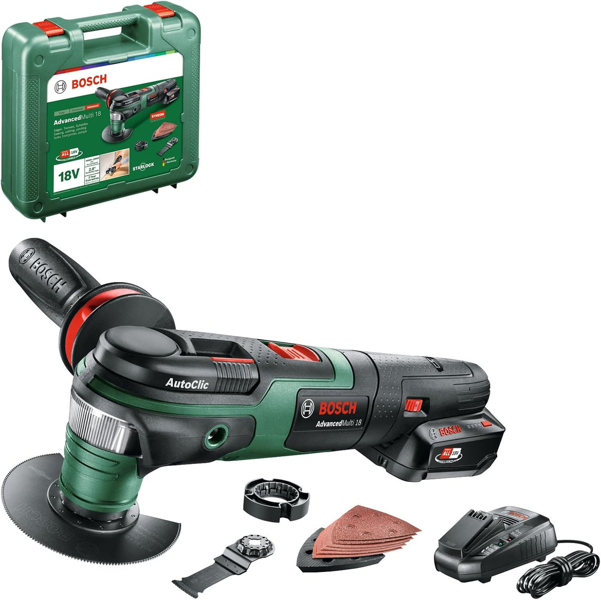Bosch outil multifonctions sans fil AdvancedMulti 18 (Batterie, chargeur, plateau de ponçage triangulaire, feuilles abrasives, 2 lames de scie, poignée supplémentaire, coffret, système 18V, 2,5 Ah)