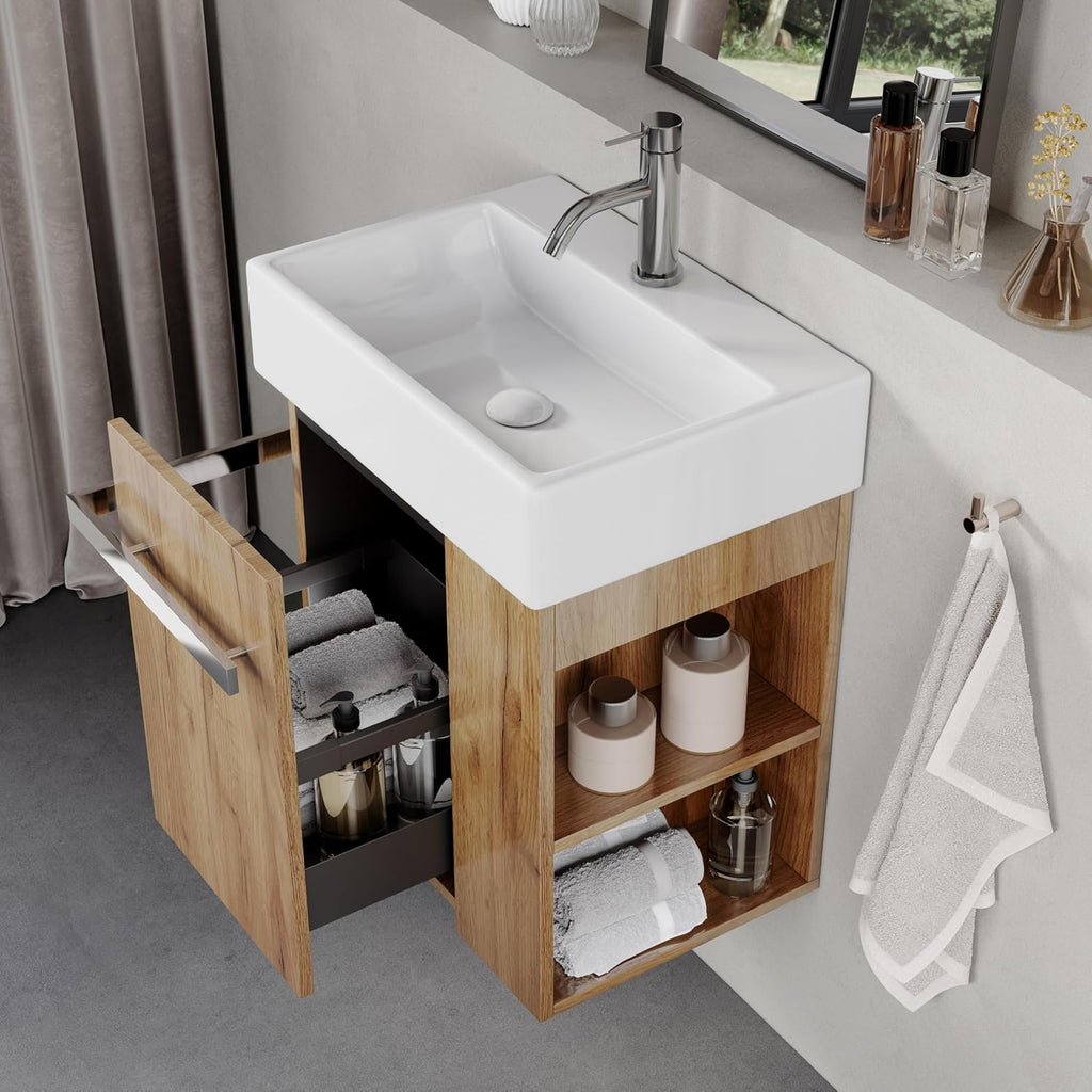 BRIDGE BENO Meuble De Salle De Bain De 50 cm avec Lavabo en Céramique, Tiroir À Fermeture Douce, Poignée Porte-Serviettes, Option Gauche/Droite, European Oak