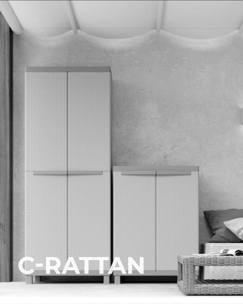 Terry - C-Rattan 102a, Armoire d'Intérieur et d'Extérieur Multifonction, 3 Portes à Effet Rotin, 2 Compartiments Intérieurs Séparés