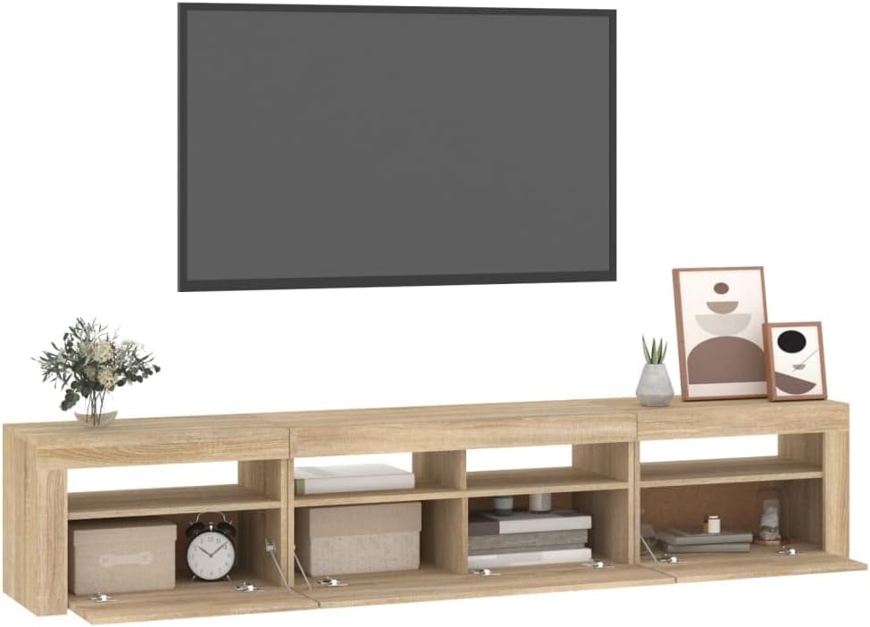 Mandloder Meuble TV avec lumières LED, chêne Sonoma, 220 cm de large, meuble multimédia pour salon, centre de divertissement avec espace de rangement