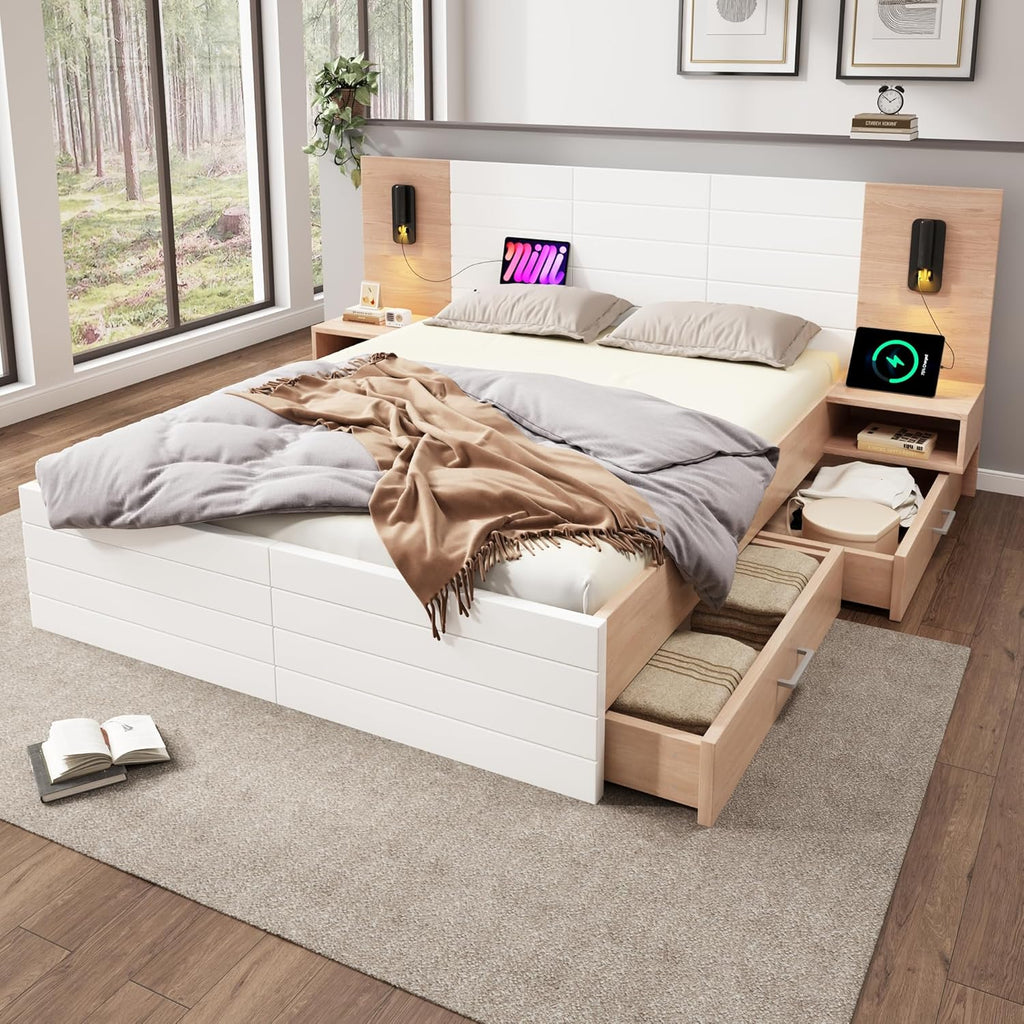 Lit double en bois - 180 x 200 cm - Avec 2 tiroirs - Lampe de tête de lit - Lampe de lecture avec fonction de charge USB - Lit moderne avec 2 commodes de chevet - Cadre de lit et sommier à lattes -