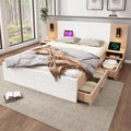 Lit double en bois - 180 x 200 cm - Avec 2 tiroirs - Lampe de tête de lit - Lampe de lecture avec fonction de charge USB - Lit moderne avec 2 commodes de chevet - Cadre de lit et sommier à lattes -