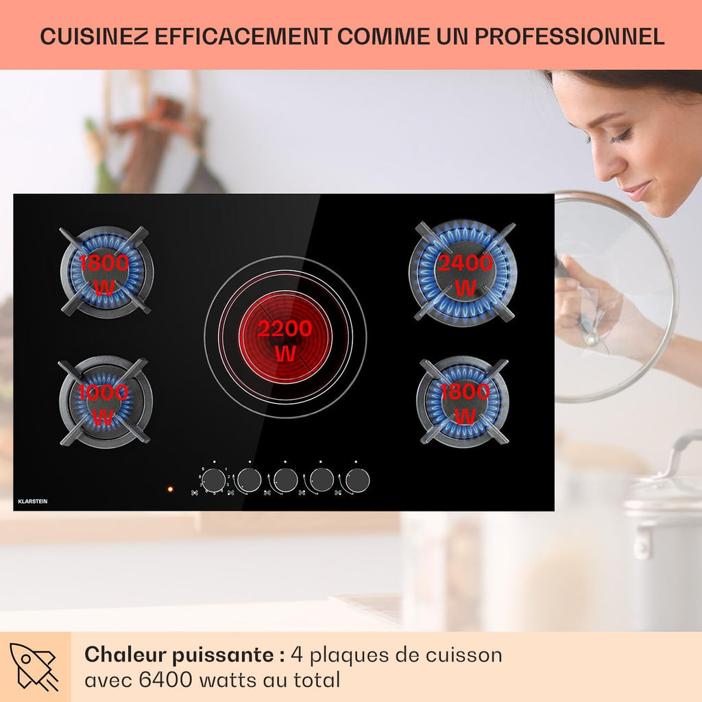 Klarstein Plaque de Cuisson Mixte Gaz et Vitrocéramique 5 Feux, Table de Cuisson Vitro de 9.2 kW en Acier Inoxydable