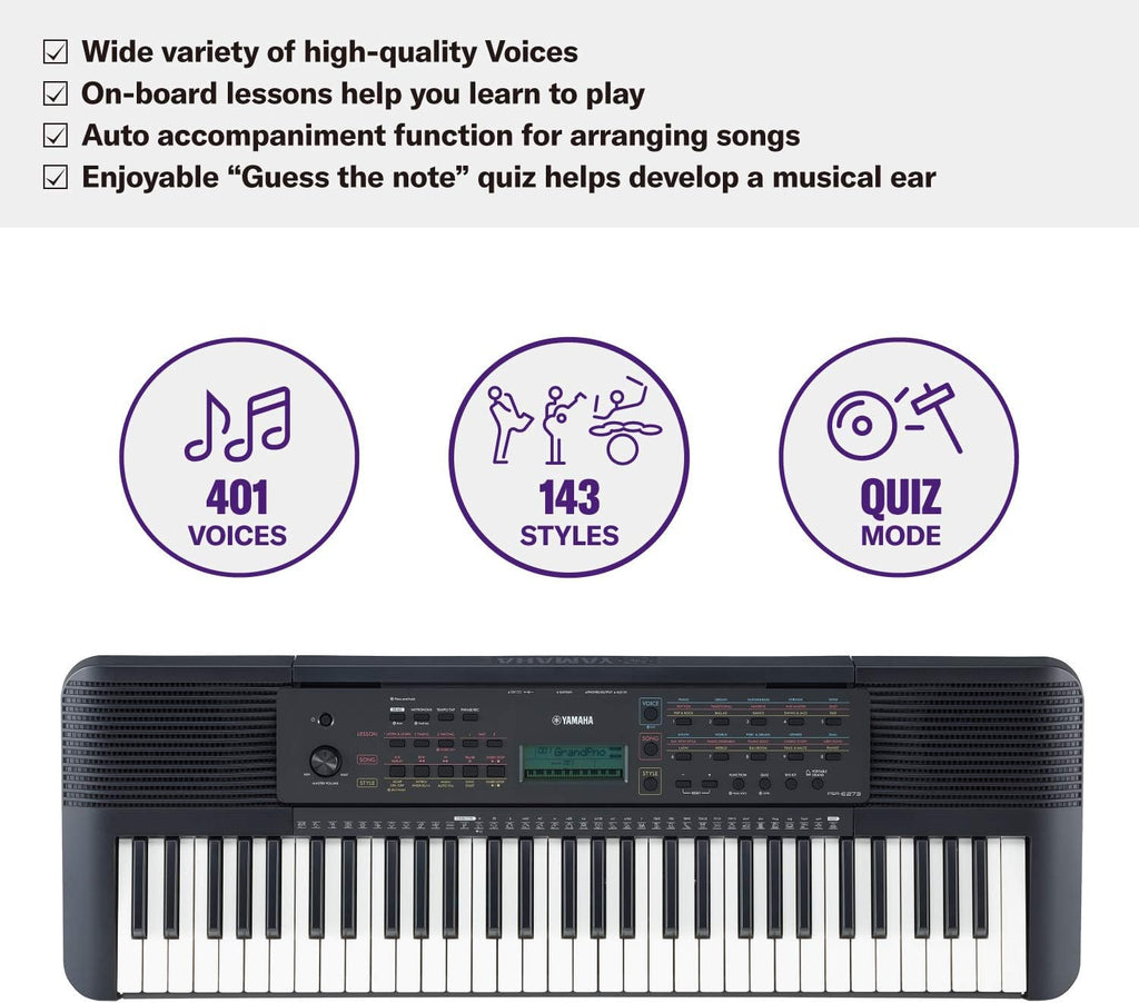 Yamaha PSR-E273 Clavier arrangeur – Instrument de musique à 61 touches dynamiques, incluant un Bon Cadeau pour 2 Leçons en Ligne avec la Yamaha Music School, en Noir