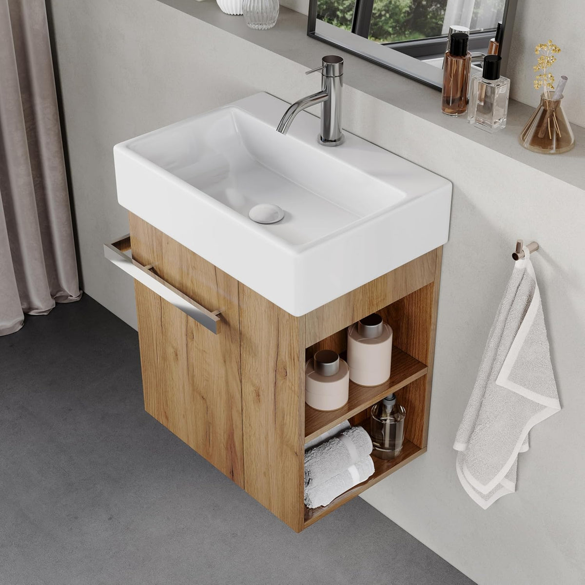 BRIDGE BENO Meuble De Salle De Bain De 50 cm avec Lavabo en Céramique, Tiroir À Fermeture Douce, Poignée Porte-Serviettes, Option Gauche/Droite, European Oak