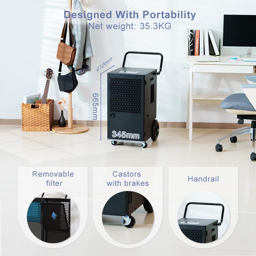 Déshumidificateur d'Air Industriel 90L/jour : Grande Capacité Couvre 300m² - Pompe de Relevage Électrique avec Compresseur Rotatif - Pour Caves/Garages/Entrepôts/Salles de Bain/Buanderies