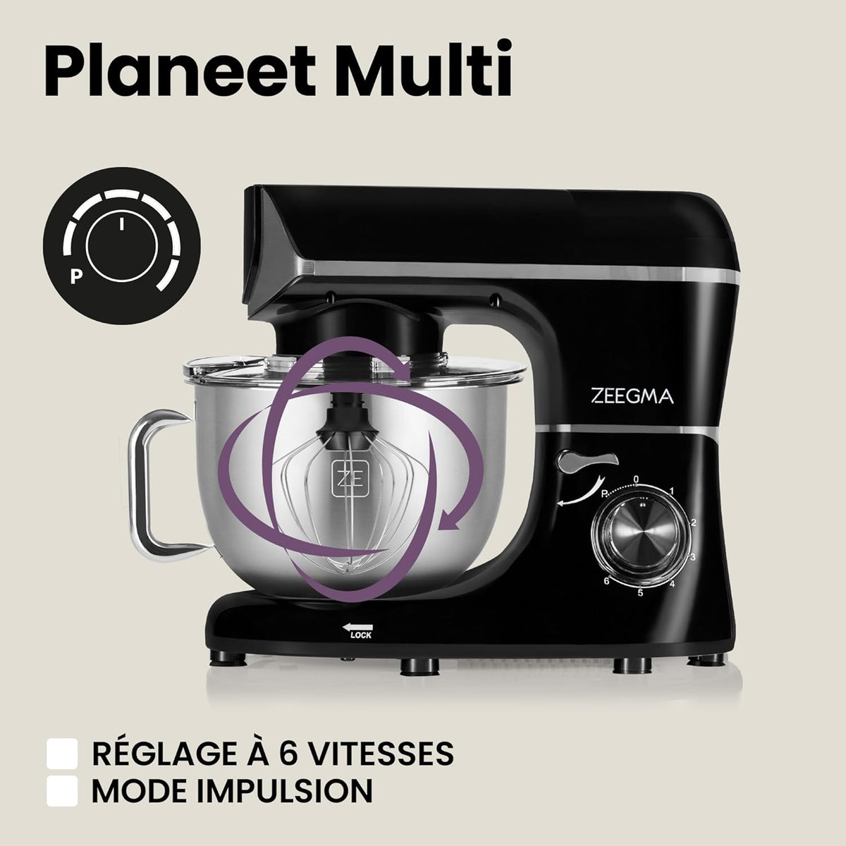 ZEEGMA PLANEET MULTI Robot Planétaire 1900W 3-in-1, Robot de Cuisine Multifonction avec bol de 6,2 L, Poignée et Couvercle, Gobelet Mixeur, Hachoir 6 Vitesses
