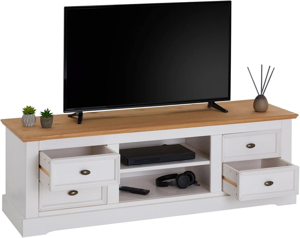 IDIMEX Meuble TV Kent L 144 cm en Bois Massif Blanc et Brun avec Rangement 4 tiroirs et 2 niches pour télévision jusqu'à 60 Pouces 144 x 46 x 45 cm