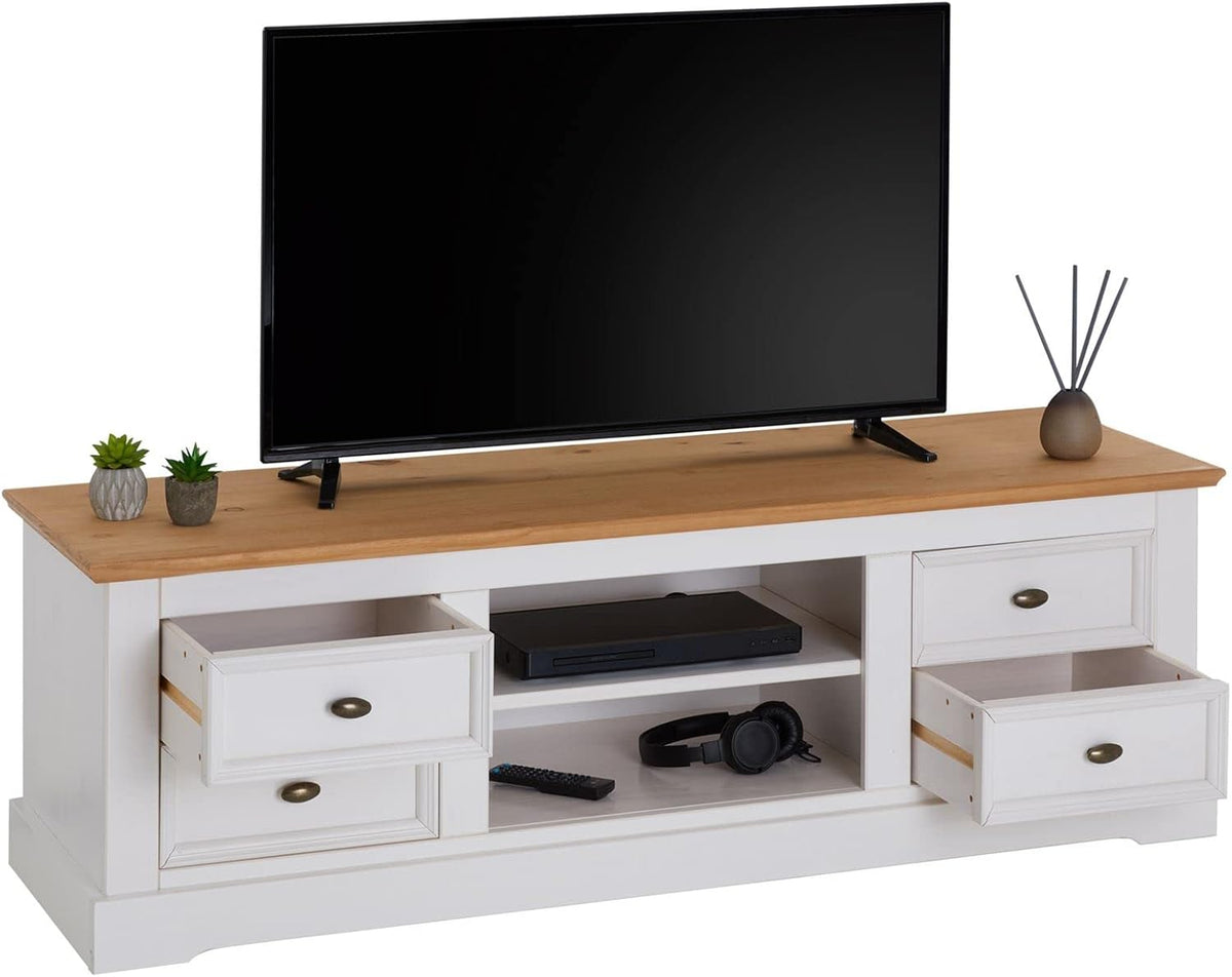 IDIMEX Meuble TV Kent L 144 cm en Bois Massif Blanc et Brun avec Rangement 4 tiroirs et 2 niches pour télévision jusqu'à 60 Pouces 144 x 46 x 45 cm
