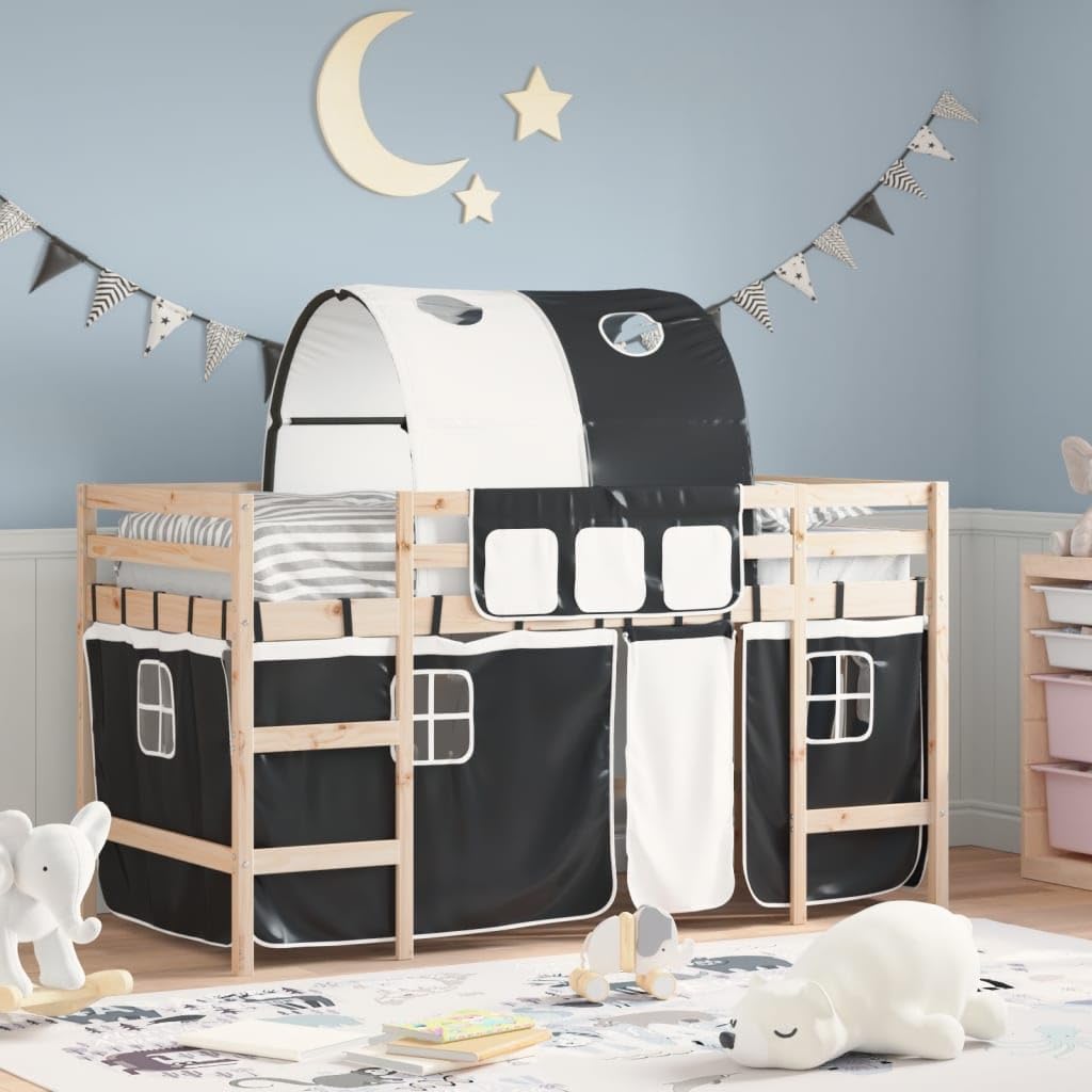 vidaXL Lit Mezzanine Enfants et Tunnel, Lit Surélevé pour Enfants avec Échelle, Meuble de Rangement Chambre, Moderne, Blanc Noir 90x190 cm Pin Massif