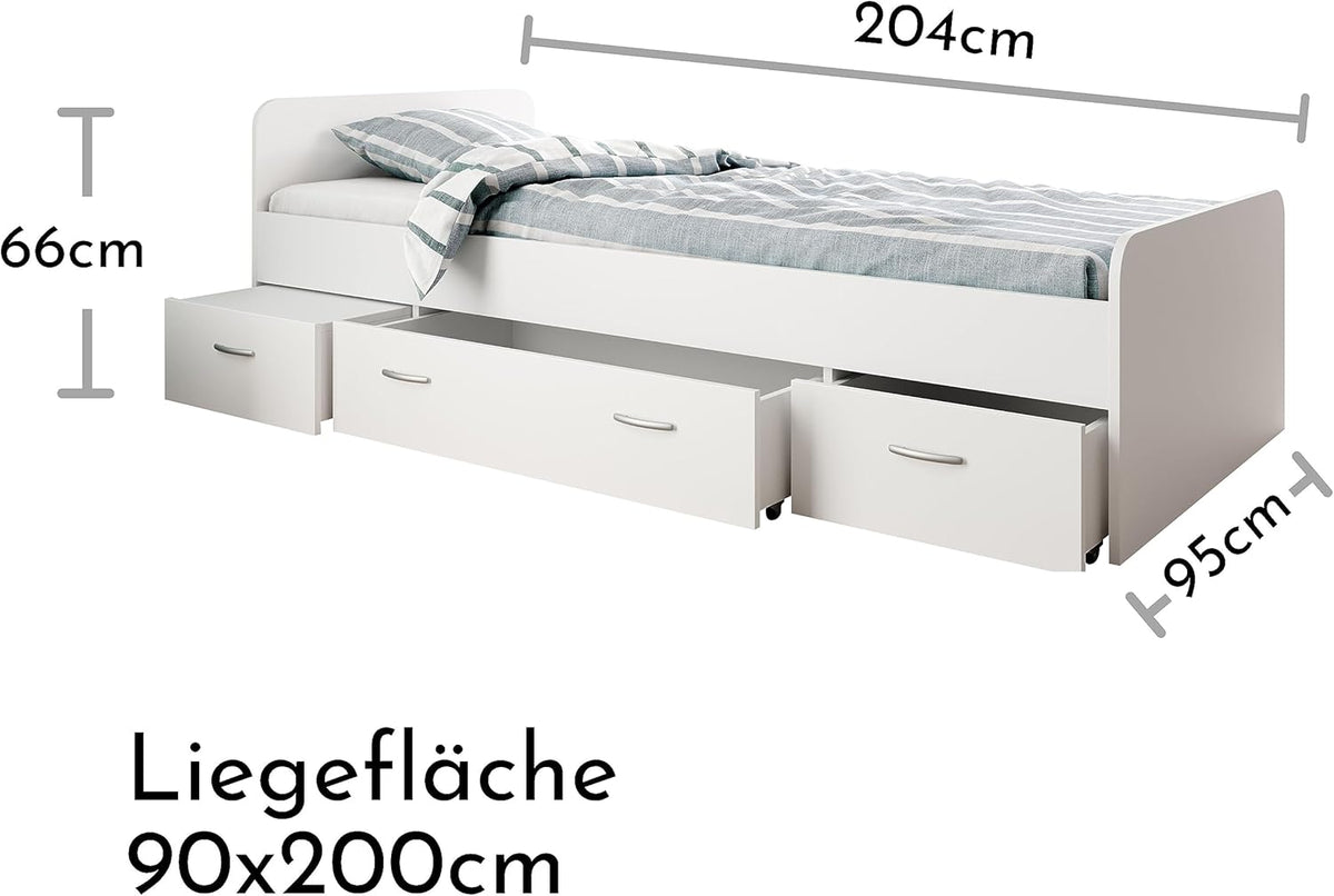 Stella Trading BORO Lit simple moderne avec 3x tiroirs 90 x 200 cm - Lit superposé pratique pour chambre de jeunes en blanc - 95 x 66 x 204 cm