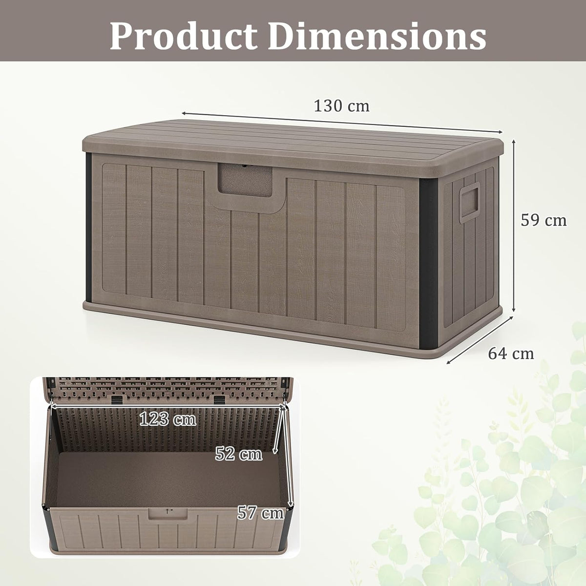 HOMASIS 378L Coffre de Rangement Imperméable, Banc de Rangement en Résine avec Couvercle Verrouillable, Armoire de Jardin pour Intérieur et Extérieur, Charge 200 KG, 130 x 64 x 59 cm (marron)