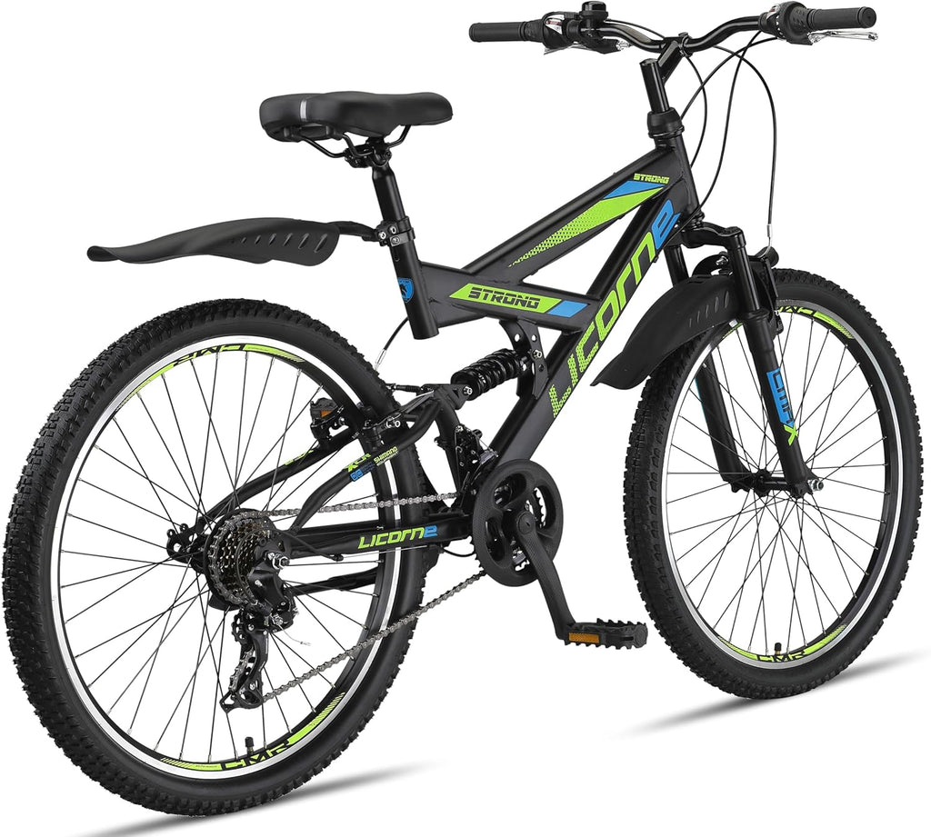 Licorne Bike VTT en V de qualité supérieure de 24 et 26 pouces - Vélo pour garçons, filles, femmes et hommes - 21 vitesses - Suspension complète