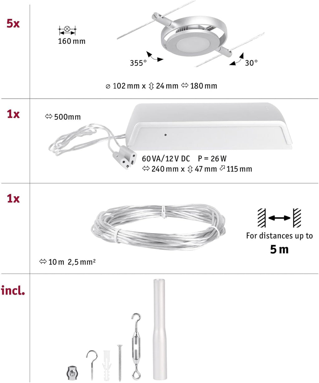 Paulmann 944.14 94414 Kit LED RoundMac DC avec Câble Extensible en Chrome Mat-5 x 4,5 W-3000 K, Métal