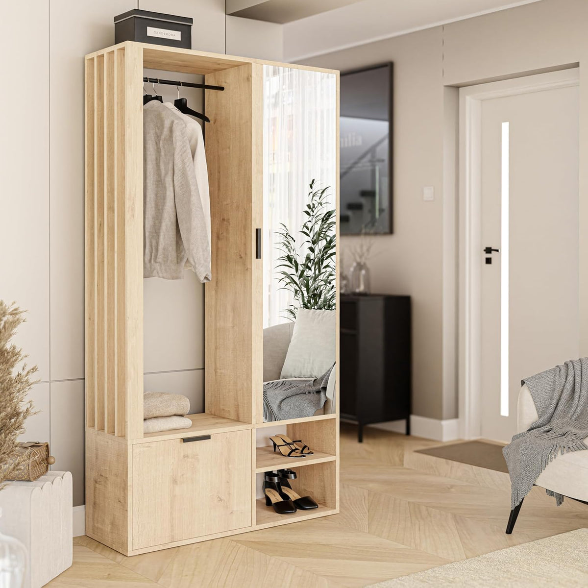 GREKPOL Droite/Gauche Vestiaire d'entrée avec Miroir (7 étagères) avec Crochets Inclus- 100 x 33 x 190 cm Meuble Porte-Manteau et Chaussures Artisan