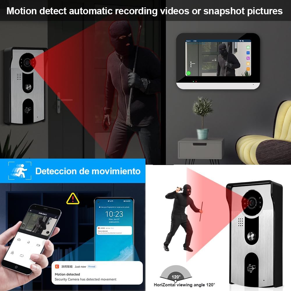 Wifi Tuya Accueil Vidéo Sonnette Interphone Système 7 Pouces Couleur écran Tactile Affichage Intérieur + 1080P HD RFID Caméra Extérieure IR Vision Nocturne