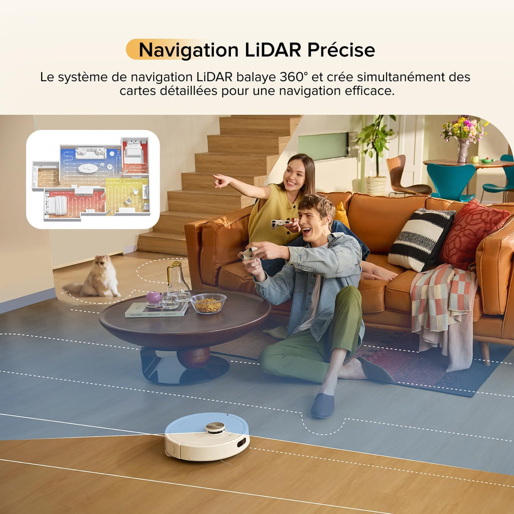 roborock Q7 M5 Set Aspirateur Robot Laveur 10 000 Pa, Double Conception Anti-Enchevêtrement, Durée de Nettoyage Prolongée, Navigation avec LiDAR Précis, APP, Blanc