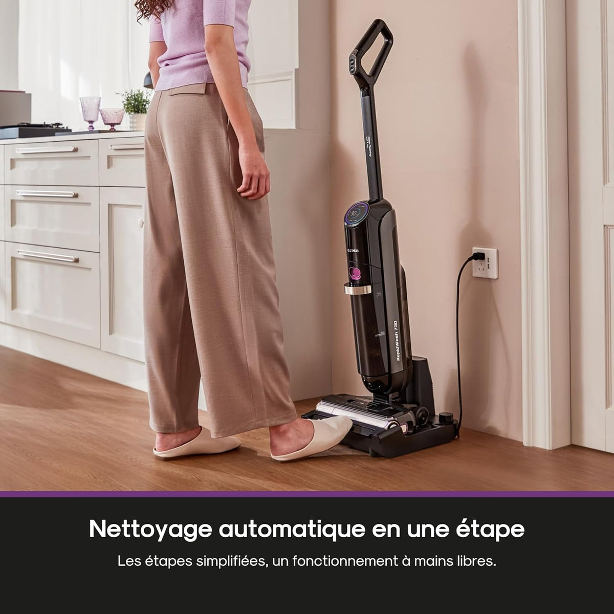 Eureka RapidWash NEW730 Aspirateur Laveur sans Fil Aspiration 21600 Pa, Lavage Eau Chaude 85 °C, Séchage 5 Minutes Air Chaud, Anti Emmêlement 2,0, Conception à Plat, Autonomie 40 Mins Ininterrompue