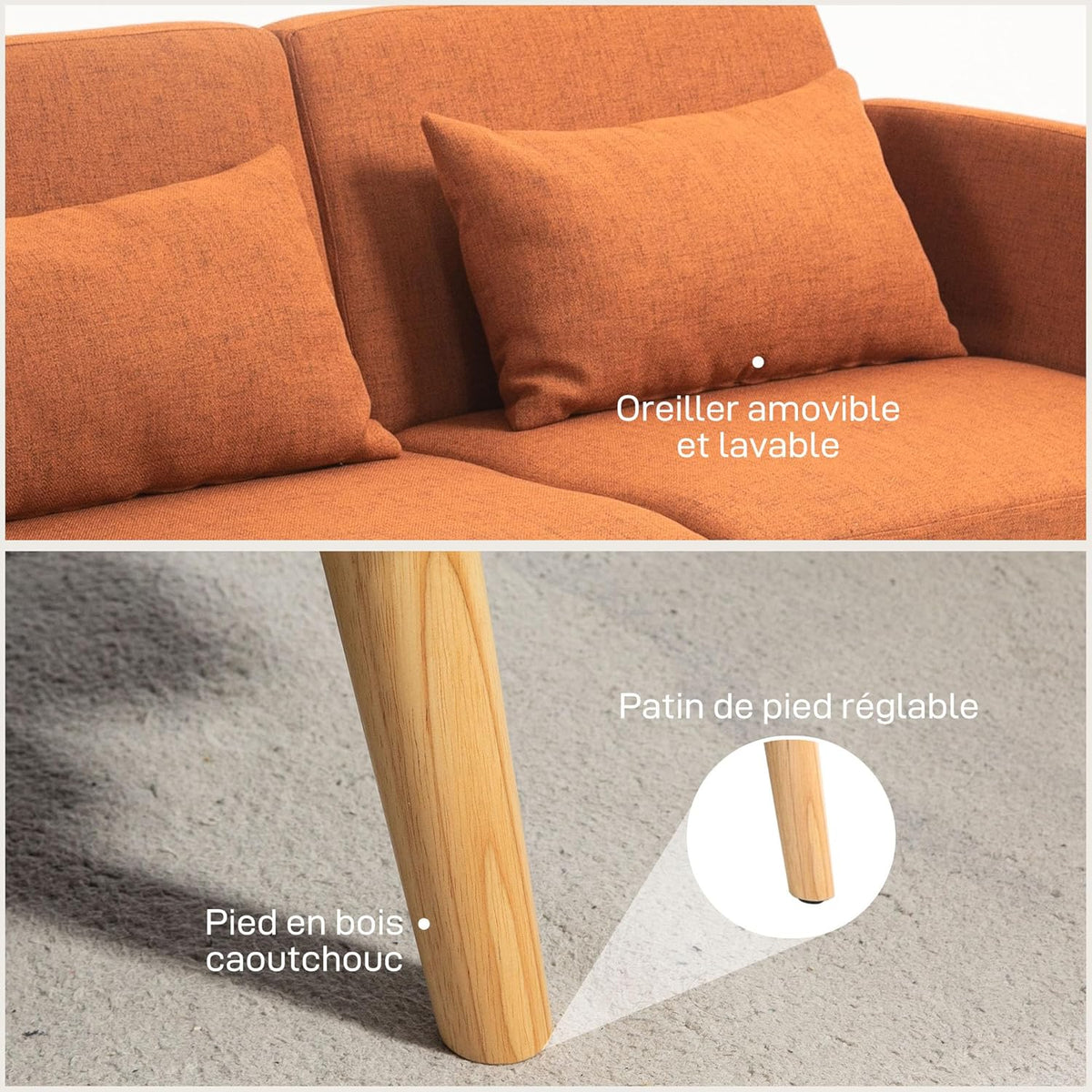 HOMCOM Canapé Convertible 3 Places, canapé-lit 2 Places, Dossier inclinable et accoudoirs réglables, clic clac en Tissu Effet Lin, Pieds en Bois Massif, 2 Coussins lavables, Marron