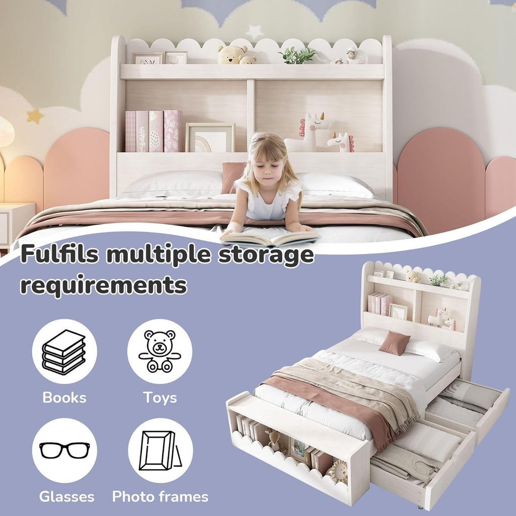 KOMHTOM Lit d'enfant en Bois avec 2 Tiroirs et Espace de Rangement - Lit Simple avec Support à Lattes, 90x200 cm