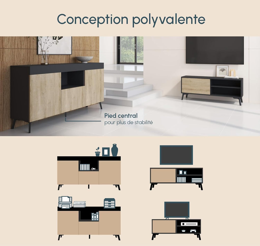 MB Muebles Bonitos, Ensemble de Meubles de Salon Kai avec Buffet et Meuble TV, Design Moderne, Mélamine Mate, Couleur Noir et Sonoma