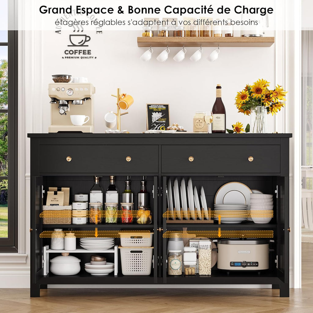 FirFurd Buffet Cuisine Meuble de Cuisine Rangement Buffet avec 4 Portes 2 Tiroirs Étagères Réglables Meuble de Rangement pour Salon Salle à Manger 140x40x89 cm Noir