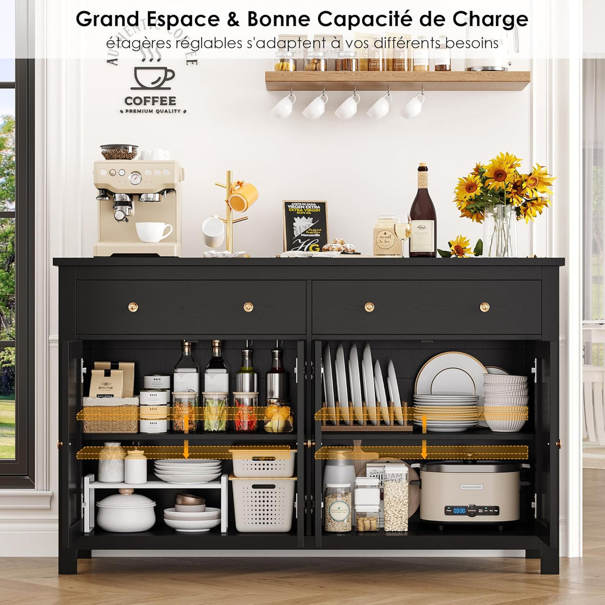 FirFurd Buffet Cuisine Meuble de Cuisine Rangement Buffet avec 4 Portes 2 Tiroirs Étagères Réglables Meuble de Rangement pour Salon Salle à Manger 140x40x89 cm Noir