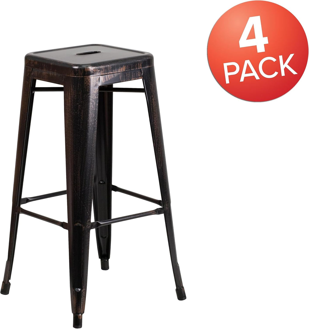 Flash Furniture Meubles Flash Tabouret de Bar en métal coloré pour Restaurant, Acier galvanisé, Plastique, Noir/doré Antique, Lot de 4