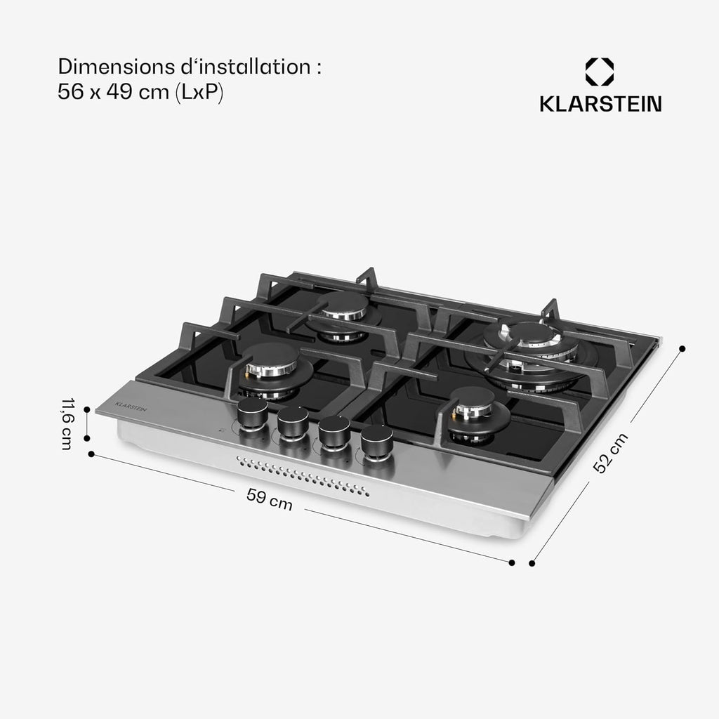 Klarstein Plaque de Cuisson à Gaz 4 Feux, Table de Cuisson 4 Brûleurs, 8.0 kW, Piano Cuisine en Acier Inoxydable, Encastrable, Inox
