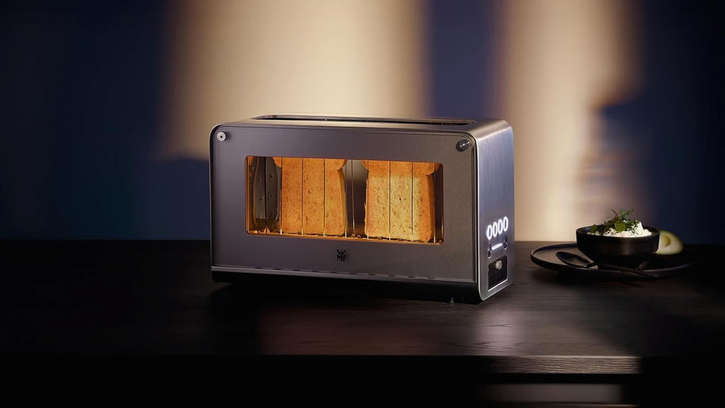 WMF Lono Grille-pain vitré avec grille réchauffe-viennoiseries, 2 tranches, XXL, support motorisé, fonction réchauffage, 7 niveaux de brunissage, grille-pain en acier inoxydable mat