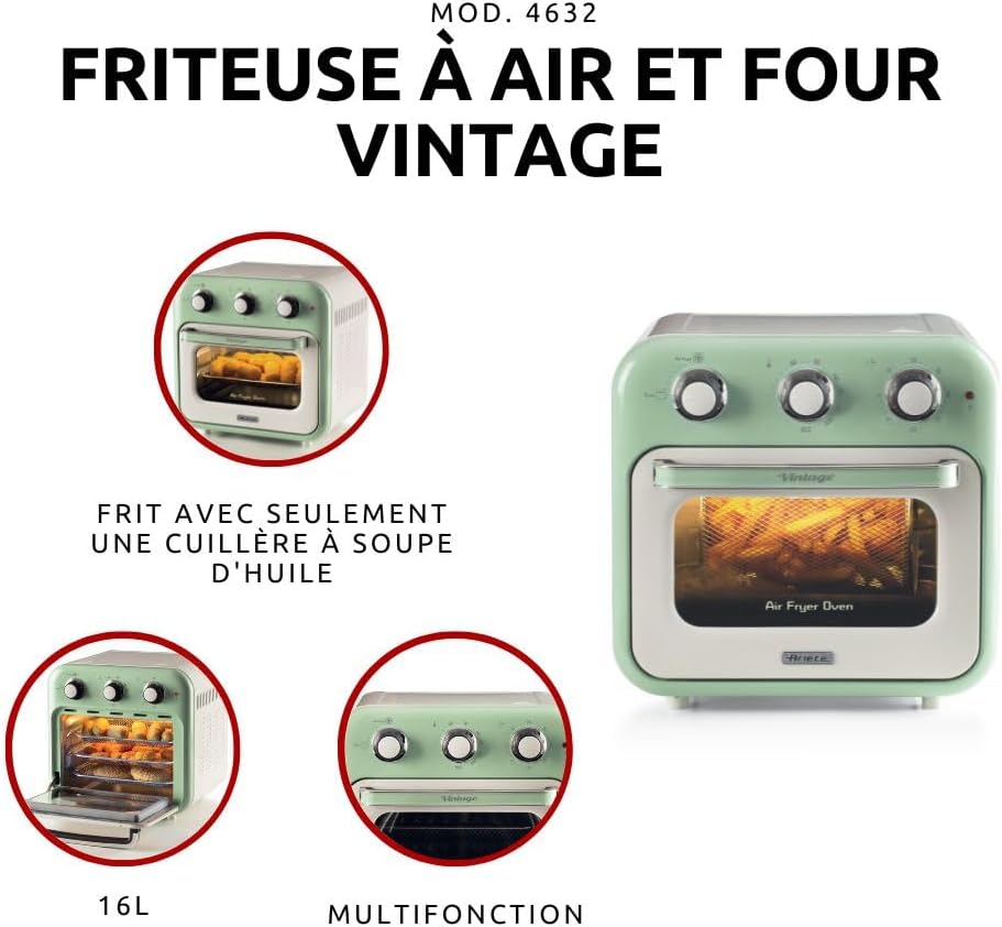 Ariete Vintage, 4632 Friteuse et Four 2en1, Capacité 16 L, Paniers et Rôtisserie en acier inoxydable, Température jusqu'à 230°, Minuterie 60 minutes, Double Verre, 1400W, Vert