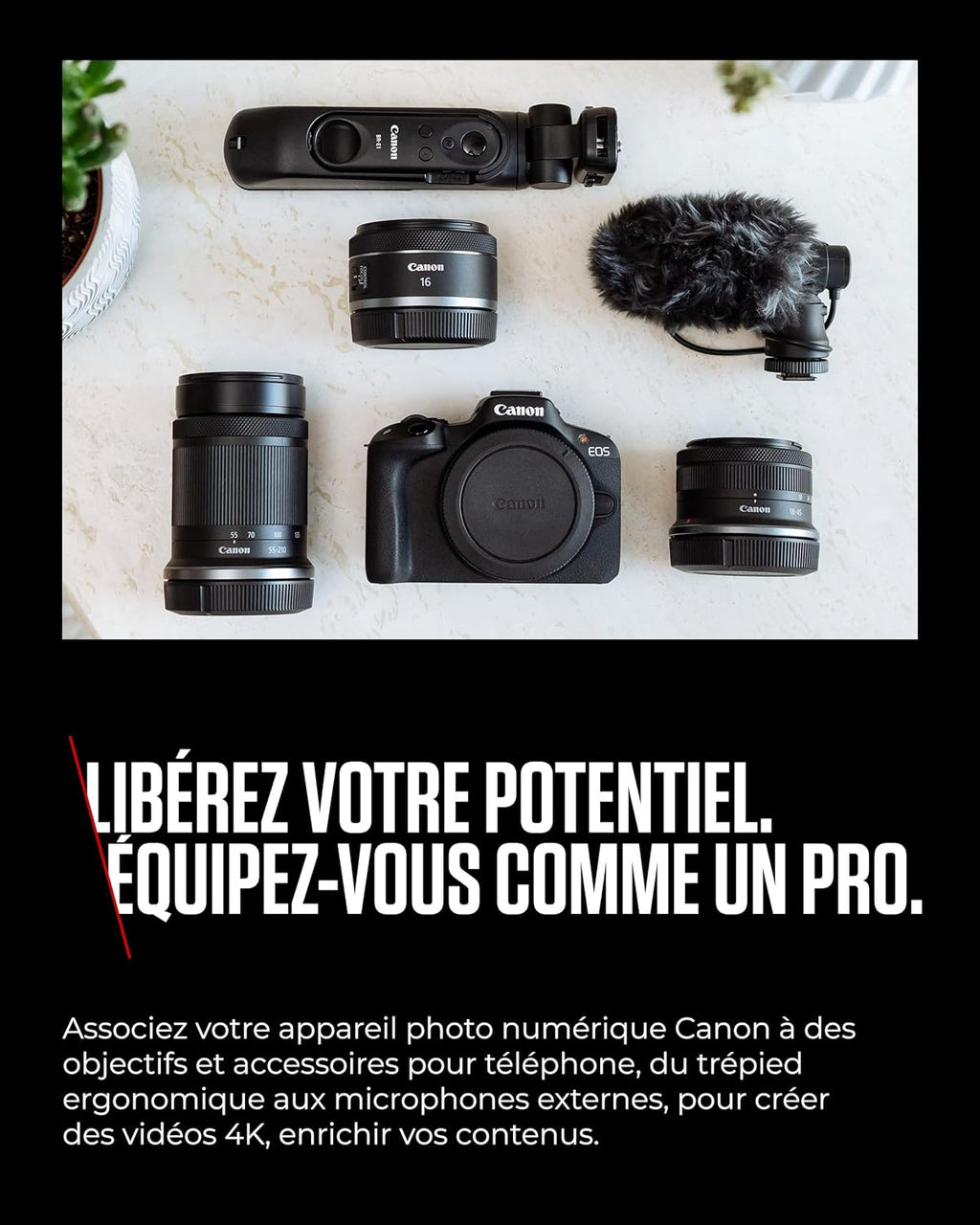 Kit créateur de Contenu UGC Canon EOS R50 - Appareil Photo Hybride APS-C 4K, Wi-FI, Bluetooth, Compact, idéal pour Le vlog, pour débutants et Professionnels