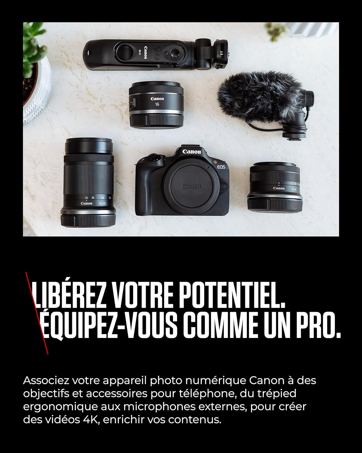 Kit créateur de Contenu UGC Canon EOS R50 - Appareil Photo Hybride APS-C 4K, Wi-FI, Bluetooth, Compact, idéal pour Le vlog, pour débutants et Professionnels