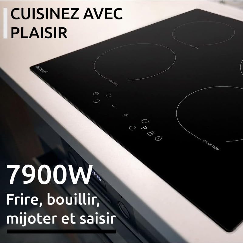 Plaque à induction 4 foyers – 7 900 W – BELDEKO – Encastrable 59 x 52 cm – Verre noir – Minuterie + 4 boosters – Marque française