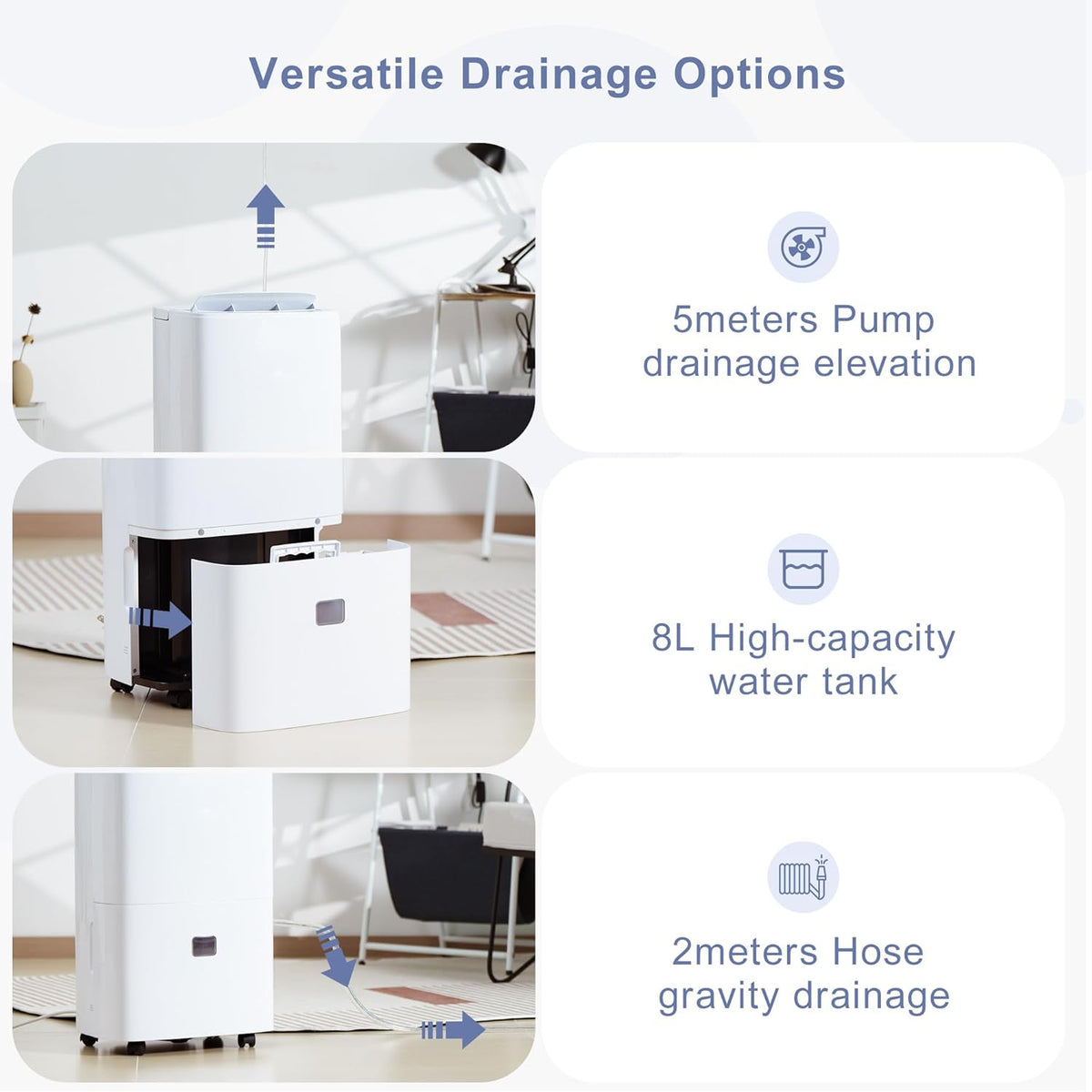 Deshumidificateur d’Air Électrique 90L/Jour Anti-Moisissures avec Pompe Relevage 5m - Silencieux 43dB pour Cave, Chambre, Salle de Bain 240m² | Réservoir 8L, Drainage Continu