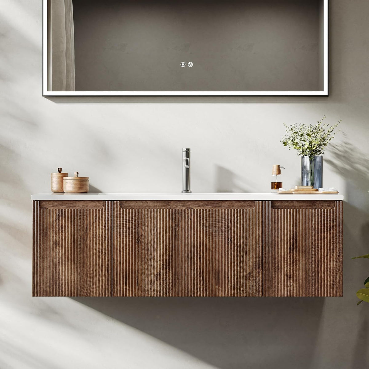 BRIDGE BENO Meuble-Lavabo Mural De 120 cm avec Lavabo en Résine Minérale, Tiroir Et Porte, Ultra-Mince, Fermeture en Douceur, Accent Nervuré, Adapté Aux Grandes Salles De Bains, Forest Walnut