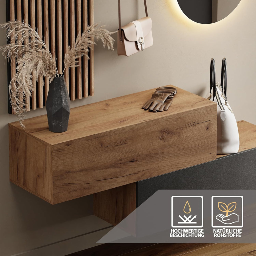 Planetmöbel Lot de 2 vestiaires de couloir 100 cm Chêne doré Anthracite Panneau mural 50 cm Chêne doré/anthracite Miroir 50 cm
