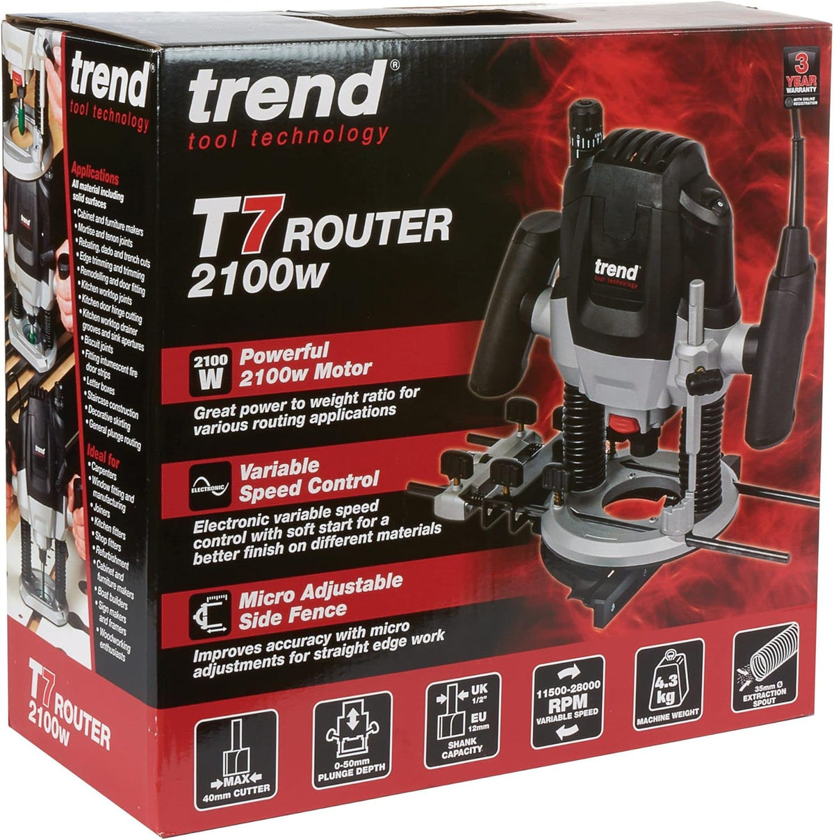 Trend Défonceuse plongeante 12 mm à vitesse variable, 2100W, 230V EU, profondeur de plongée 50 mm, défonceuse pour usages multiples, T7EK/EURO