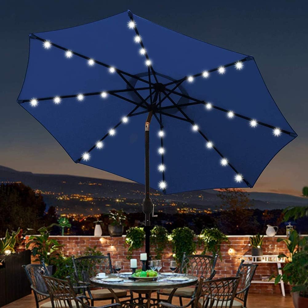WSHA Parapluie d'extérieur avec lumières LED à énergie Solaire 9 pi. Parapluies de marché déportés avec Inclinaison et manivelle, Bleu