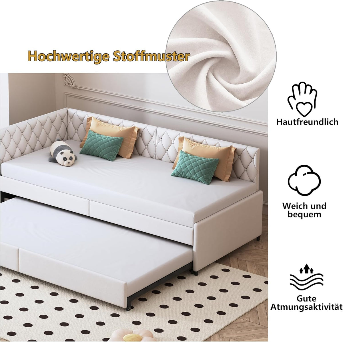 JYCRA Lit gigogne 90/180x200 cm,canapé lit 90x200 cm,Extensible,avec sommier à Lattes en Bois,Dossier Confortable avec Finition en Losange,Tissu en Velours Beige