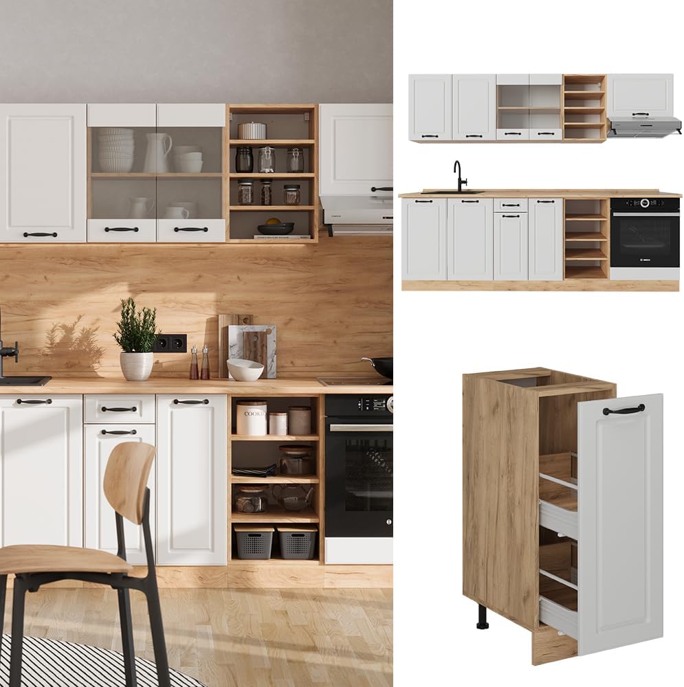 Vicco Cuisine R-Line, Blanc campagnard/Chêne doré, 240cm, PT Anthracite