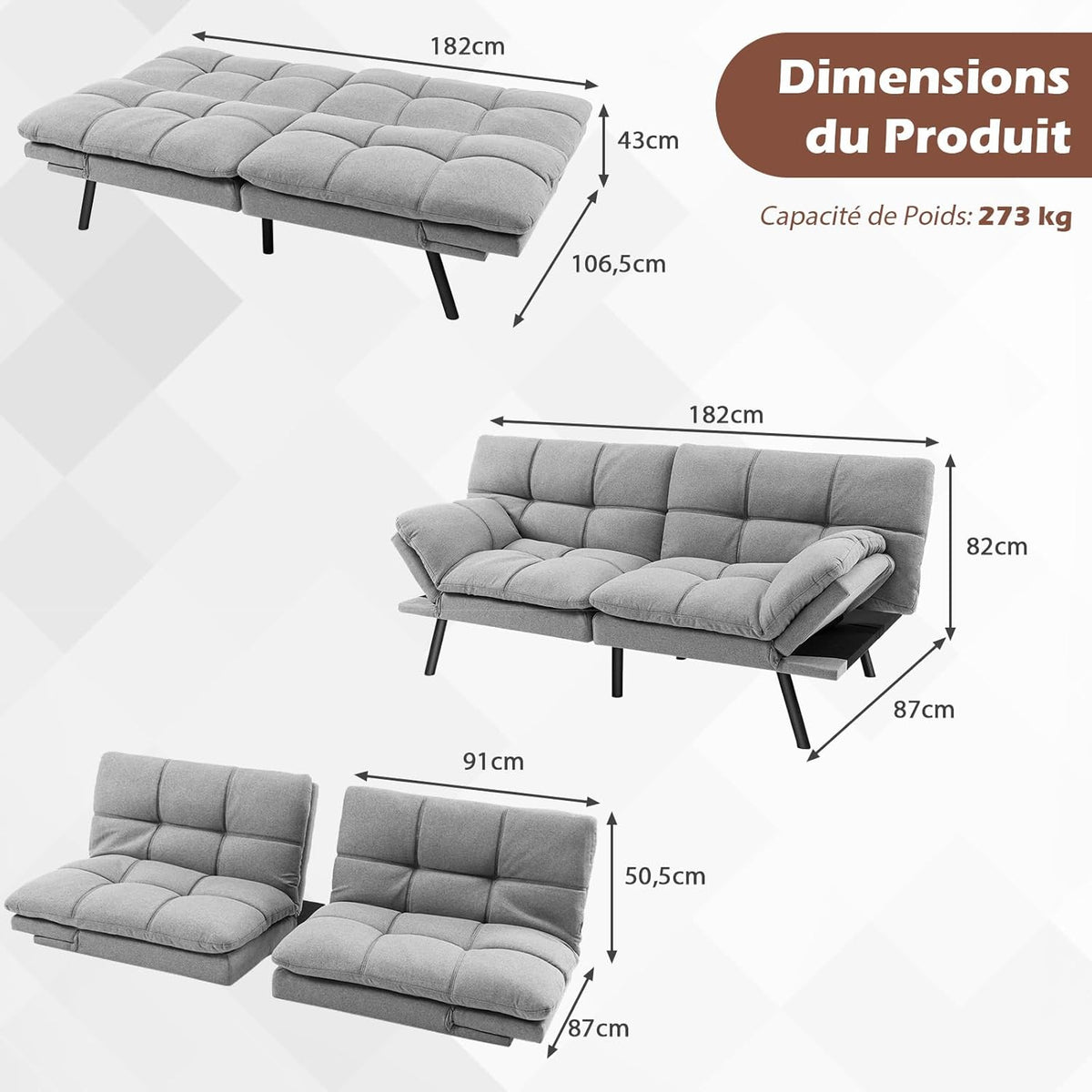 COSTWAY Canapé-Lit Convertible 5 en 1 avec Dossier et Accoudoirs Réglables, Canapé Futon 3 Places en Mousse à Mémoire, Pieds Métalliques, pour Petits Appartements, Salon, Bureau, Charge 273 kg (Gris)