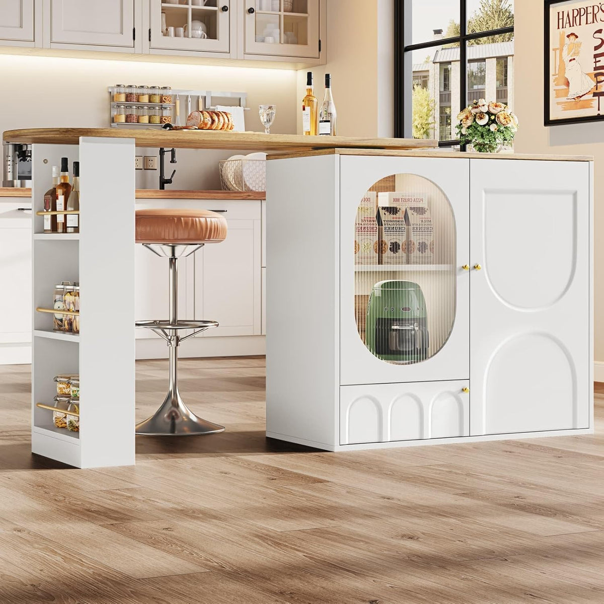 KOMHTOM Table à Manger Pivotante à 360°avec Armoire de Rangement, Meuble de Bar, Bar Cuisine avec 3 Portes et étagères réglables en Hauteur (Blanc)