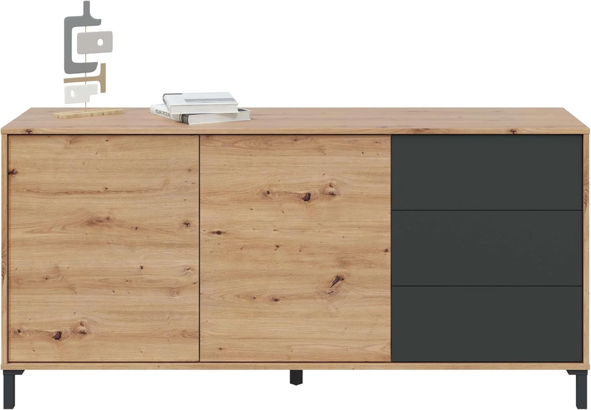 Habitdesign modèle Brooklyn Buffet 2 portes et 3 tiroirs, finition chêne Nodi et gris anthracite, dimensions : 154 x 74 x 41 cm l x H x P .