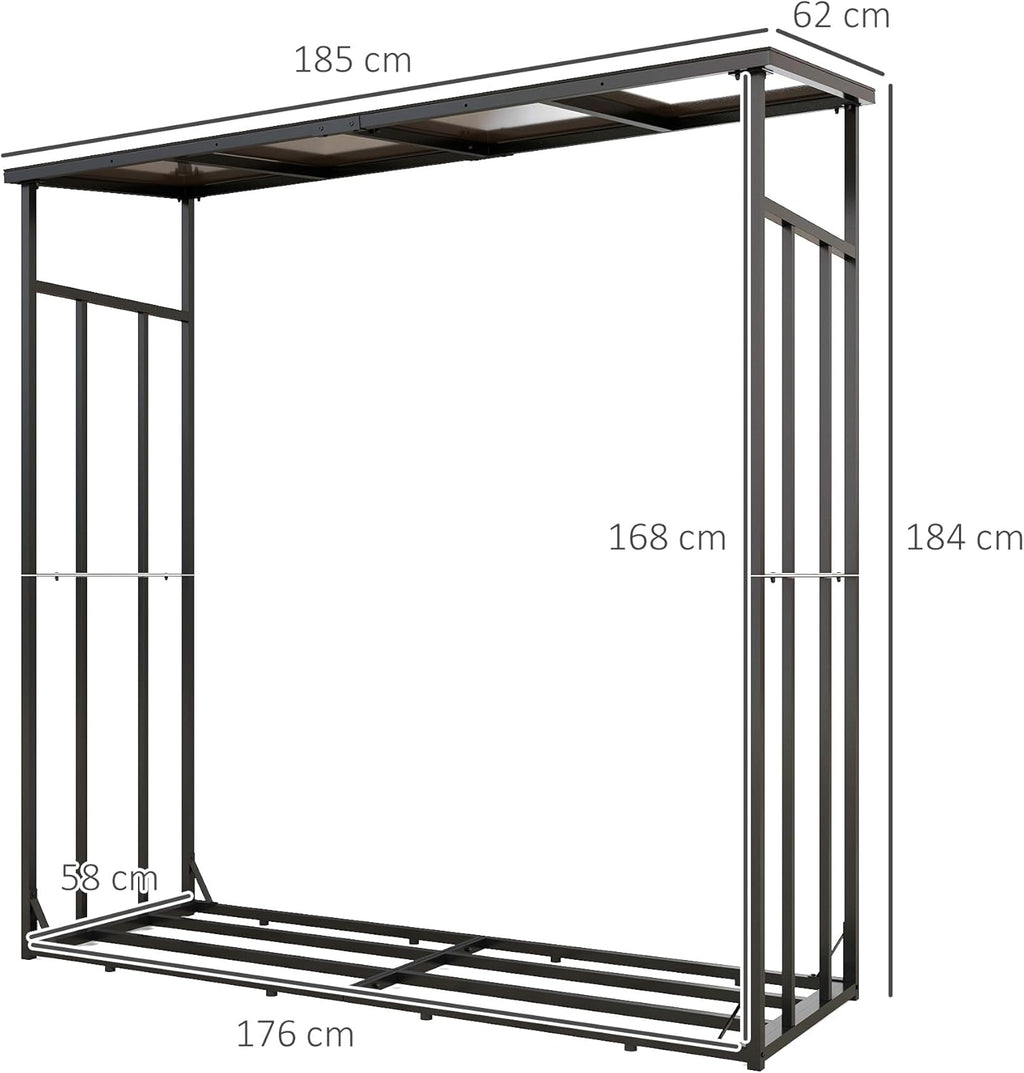 Outsunny Abri-bûches, range-bûche, charge maximale 2000 kg, avec housse de protection imperméable et toit en polycarbonate, abri bois de chauffage, 185 x 62 x 184 cm, cadre en métal, noir