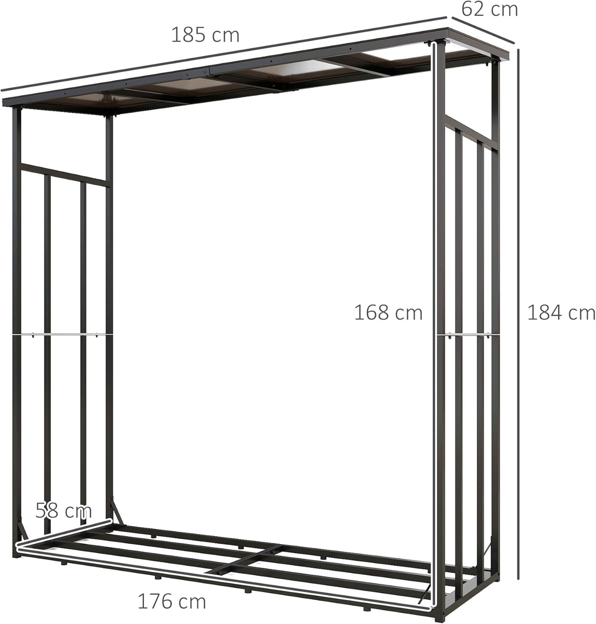 Outsunny Abri-bûches, range-bûche, charge maximale 2000 kg, avec housse de protection imperméable et toit en polycarbonate, abri bois de chauffage, 185 x 62 x 184 cm, cadre en métal, noir