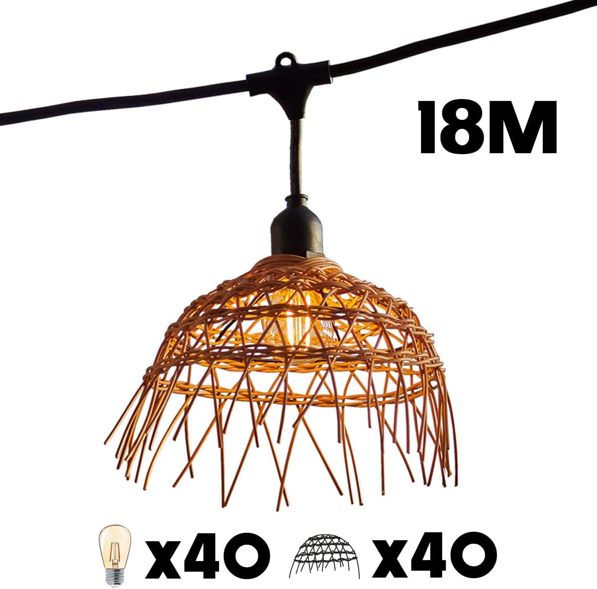 Guirlande lumineuse extérieure raccordable 18m avec 40 ampoules LED filament E27 blanc chaud HAWAII LIGHT Abat-jour polyrotin bohème